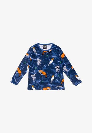 Langärmliges Hemd aus marineblauem Stoff mit buntem Tier- und Blattdruck. Die Hauptfarben sind Orange, Grün und Weiß. Rundhalsausschnitt.