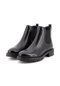 Stivali Chelsea in pelle nera con pannelli laterali elasticizzati, punte tonde e suole in gomma con battistrada testurizzato per una migliore aderenza.