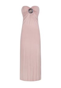 Strapless, langes pinkes Kleid mit gerafftem Stoff und einer dekorativen runden Verzierung an der Brust. Glattes, dehnbares Material.