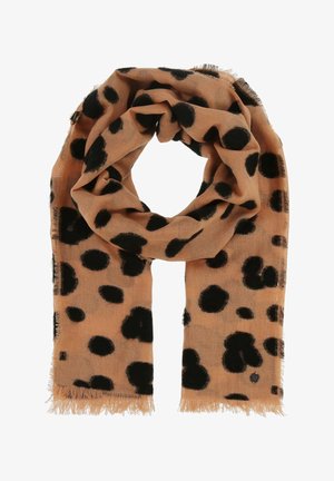 Bruine sjaal met zwarte stippen, gemaakt van lichtgewicht stof. Heeft franjes aan de randen en een cirkelvormige opstelling voor presentatie.
