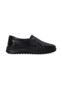 Black slip-on shoes made of cracked leather, featuring a textured upper, round toe, and a thick rubber sole with traction grooves.