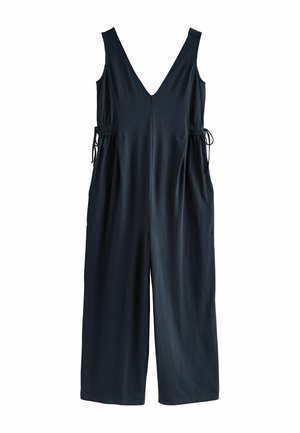 Marineblauer Overall mit V-Ausschnitt, ärmellosem Design, elastischem Zugband in der Taille und weit geschnittenem Bein mit glatter Textur.