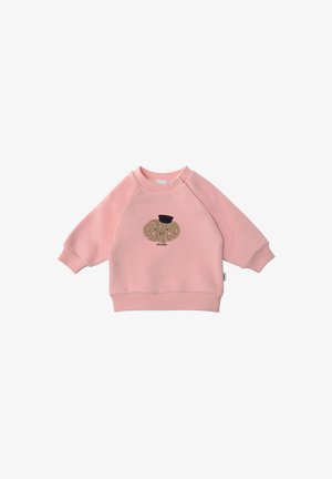 Rosa Fleece-Sweatshirt mit rundem Ausschnitt, abgesenkten Schultern, gerippten Bündchen und einem Cartoon-Schaf-Graphic auf der Vorderseite.