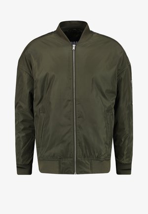 Olive green bomber jacket made of smooth fabric, featuring a front zipper, ribbed cuffs, and a classic collarless design.