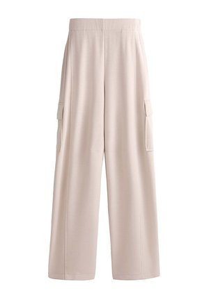 Helle beige, weit geschnittene Cargo-Hosen mit elastischem Bund, Seitentaschen und einer glatten, weichen Textur, die eine entspannte Passform bieten.