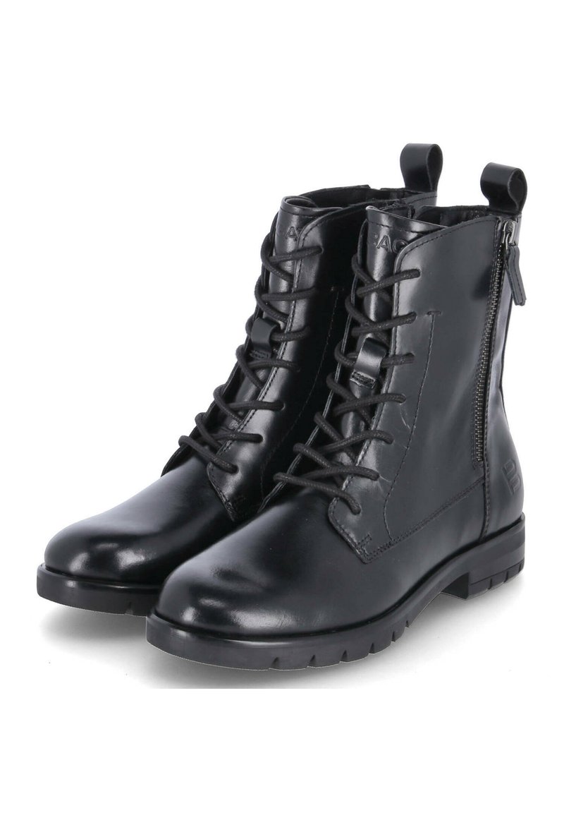 Bottines en cuir noir avec un bout arrondi, un laçage à l'avant, une fermeture éclair sur le côté et une semelle en caoutchouc texturé avec un talon bas.