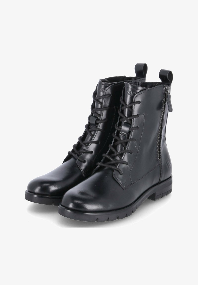 Bottines en cuir noir avec un bout arrondi, un laçage à l'avant, une fermeture éclair sur le côté et une semelle en caoutchouc texturé avec un talon bas.