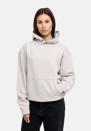 Light gray pullover hoodie with a front pocket, drawstring hood, and ribbed cuffs. Made from soft, textured fabric.