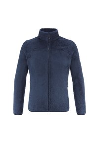 Granatowa polarowa kurtka na zamek błyskawiczny z wysokim kołnierzem i długimi rękawami, wykonana z miękkiego, teksturowanego, ciepłego materiału.