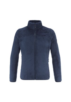 Marineblaues Fleece-Jacke mit durchgehendem Reißverschluss, hohem Kragen und langen Ärmeln, aus weichem, strukturiertem, warmem Stoff.
