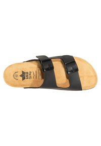 Black slide sandal with two adjustable straps and metal buckles, featuring a cork footbed and a textured rubber sole.