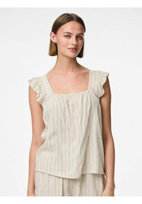 Top senza maniche leggero, beige, con strisce verticali, scollatura quadrata e spalline arricciate. Vestibilità ampia e texture morbida.