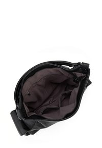 Borsa in pelle nera con superficie texturizzata, dotata di apertura con zip e interno in tessuto scuro, comprensivo di più tasche per l'organizzazione.