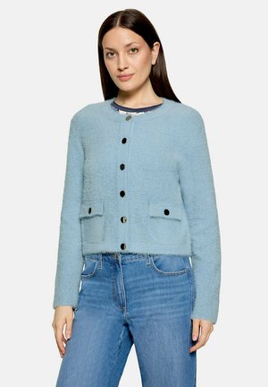 Femme aux longs cheveux foncés portant un cardigan bleu clair duveteux boutonné et un jean bleu, debout devant un fond uni.