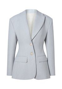 Blazer bleu clair en tissu texturé. Présente une coupe cintrée, des revers crantés, deux poches avant et deux boutons de couleur crème.