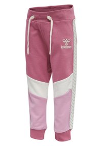 Rosa sweatpants med vita och ljusrosa färgblock, med dragsko i midjan och en sidopanel med fiskbensmönster.