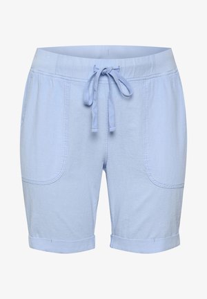 Světle modré kraťasy z měkké tkaniny, s elastickým pasem a šňůrkou na stažení, dvěma předními kapsami a ohrnutými lemy.