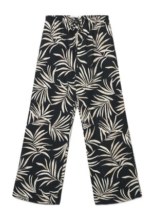 Pantaloni neri a gamba larga con stampa di foglie tropicali beige e vita elasticizzata con laccio frontale.