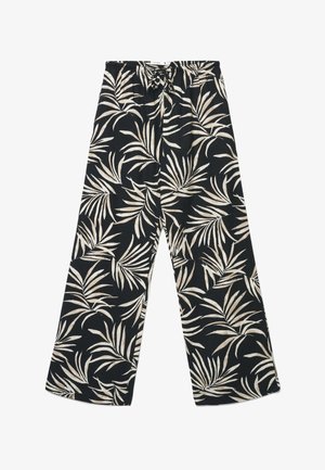 Pantaloni neri a gamba larga con stampa di foglie tropicali beige e vita elasticizzata con laccio frontale.