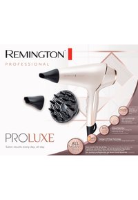Remington ProLuxe hårføner har et hvitt kabinett med rosegull-detaljer, 2400W effekt, og inkluderer en konsentrator- og diffuserfeste.