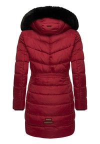 Red puffer coat with quilted pattern, elastic waist, and a faux fur trim on the hood. Features a straight cut and long sleeves.