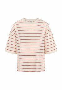 Cotton T-shirt with short sleeves, cream base and red horizontal stripes, crew neck, loose-fit design, soft texture.