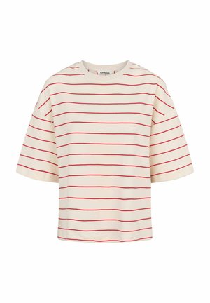 Rövid ujjú pamut póló, krém alapszínnel és piros vízszintes csíkokkal, kerek nyakkivágással, laza szabással, puha tapintású.