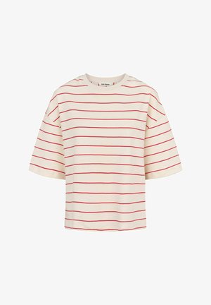 Baumwoll-T-Shirt mit kurzen Ärmeln, cremefarbener Grundfarbe und roten horizontalen Streifen, Rundhalsausschnitt, lockere Passform, weiche Textur.