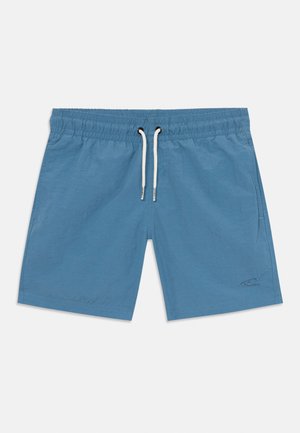 Niebieskie kąpielówki wykonane z lekkiego materiału, z elastycznym pasem w talii i białym sznurkiem do regulacji oraz kieszonką boczną.