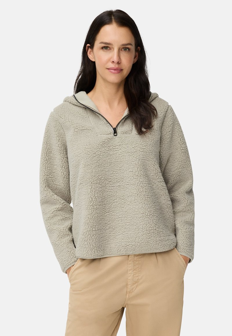 Fleece pullover in lichtgrijs met een half-zip kraag, capuchon en gestructureerde stof. Lange mouwen en een relaxte pasvorm met zijzakken.