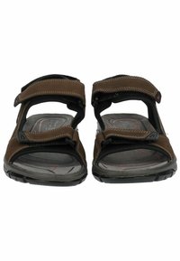 Bruine sandalen met verstelbare banden, rubberen zolen en gevoerde voetbedden. Bevat zwarte en grijze accents en stiksels voor detail in het ontwerp.