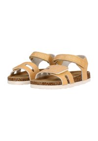 Gouden glanzende sandalen met twee verstelbare banden, een gevoerd voetbed en een gestructureerde bruine zool. Open ontwerp met uitsnijdingen.