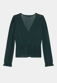 Dunkelgrüne Bluse mit langen Ärmeln und V-Ausschnitt, strukturierten Punkten, gerafftem Bund und sanft gerafften Manschetten. Leichtes, halbtransparentes Material.