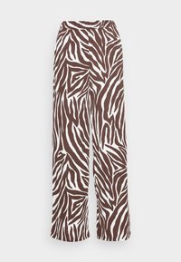 Calças de perna larga feitas de tecido leve, com um padrão de zebra em marrom e branco. Cintura elástica para conforto, com um acabamento liso e texturizado.