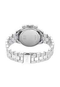 Roestvrijstalen horloge met een zilverkleurige metallic afwerking, schakelarmband en een ronde kast. De achterkant heeft een merkgravure en details over waterbestendigheid.