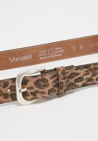 Leather belt with a leopard print pattern, featuring a silver metal buckle and an adjustable strap, stamped details on the back, made in Germany.