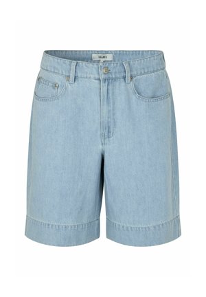 Šviesiai mėlyni džinsiniai šortai su priekiu užsegami mygtuku ir užtrauktuku, diržo kilpomis ir penkių kišenių dizainu.