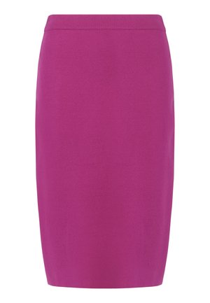 Fuchsia Bleistiftrock, glatte Textur, taillierte Passform, knielang, mit einem sauberen Taillenbund und ohne sichtbare Verschlüsse oder Verzierungen.