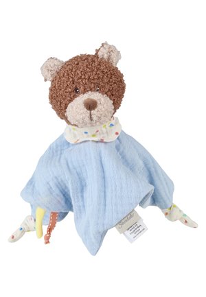 Brown teddy bear head with a light blue soft cloth body, knotted corners, and a white polka-dot collar, designed as a baby comforter.