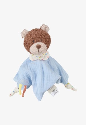 Testa di orso di peluche marrone con corpo in morbido tessuto azzurro chiaro, angoli annodati e colletto bianco a pois, progettato come un succhiotto per neonati.