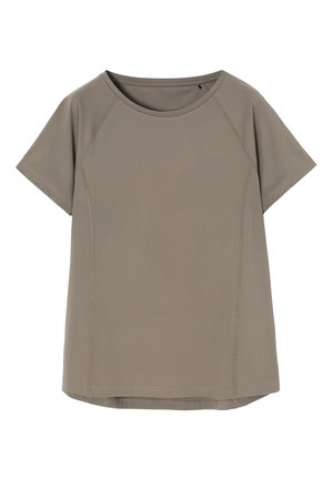 Korte mouw, losse t-shirt in een gedempt beige kleur. Gemaakt van gladde, lichte stof met contrasterende stikseldetails.