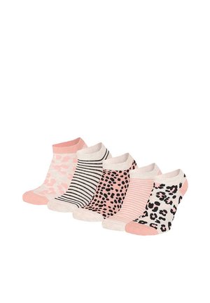 Five pairs of ankle socks in pink tones with patterns including leopard print, stripes, and spots arranged side by side on a white background.
