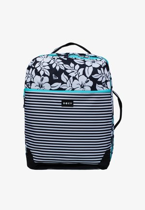 Quadratischer Rucksack mit schwarzem und weißem Blumenmuster oben, horizontal gestreiftem Muster unten, türkisfarbenen Reißverschlüssen, schwarzem Griff und vorderem Logopatch.