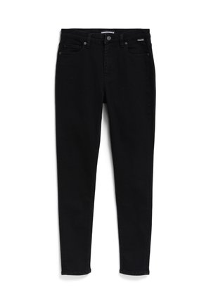 Schwarze Skinny-Jeans mit Fünf-Taschen-Design, aus Denim-Stoff hergestellt. Verfügt über einen Frontknopfverschluss und Gürtelschlaufen. Glatte Textur.