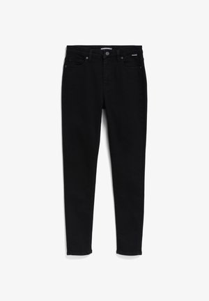 Black skinny jeans with five-pocket design, made from denim fabric. Features a front button closure and belt loops. Smooth texture.