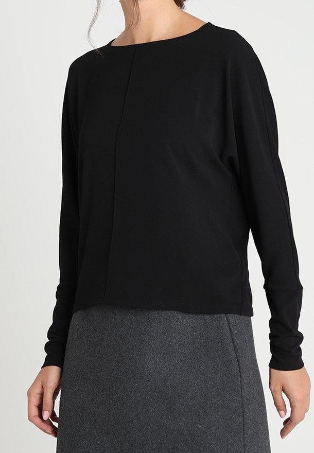 Svart långärmad topp med rundad halsringning, texturerad tyg, avslappnad passform och synlig sömdetalj, tillsammans med en grå pennkjol.