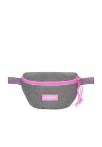 Pouch in tessuto grigio con zip rosa e patch con logo, forma ovale, tracolla a strisce, ideale per trasportare piccoli oggetti. Materiale tessile resistente.