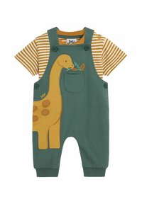 Grüne Baumwolloveralls mit gelber Dinosaurier-Stickerei, darunter ein gestreiftes Senf-T-Shirt. Knopfdetails an den Trägern.