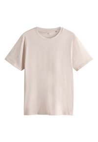 T-shirt beige en coton à manches courtes avec col rond et design simple, présenté sur fond blanc.