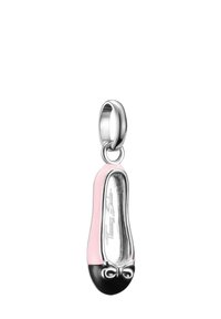 Charm di scarpette da balletto rosa e nere realizzato in argento sterling, con una finitura liscia, forma rotonda e un piccolo fiocco decorativo sulla punta.